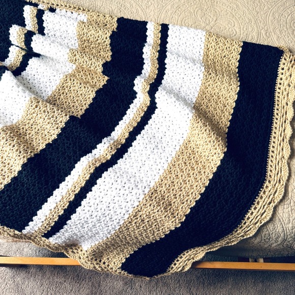 Handmade Crochet Afghan Blanket Stripe Tan Black White Throw 52x44 New Cozy Gift - Picture 3 of 5